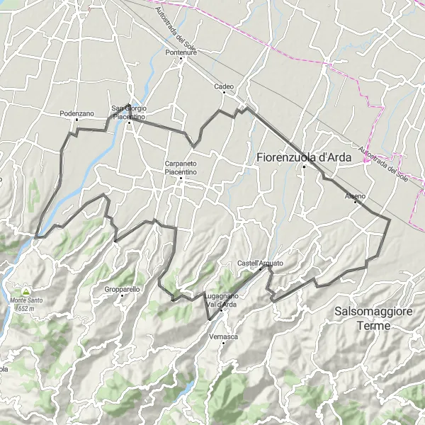 Zemljevid v pomanjšavi "Kolesarska pot Podenzano - Vigolzone" kolesarske inspiracije v Emilia-Romagna, Italy. Generirano z načrtovalcem kolesarskih poti Tarmacs.app