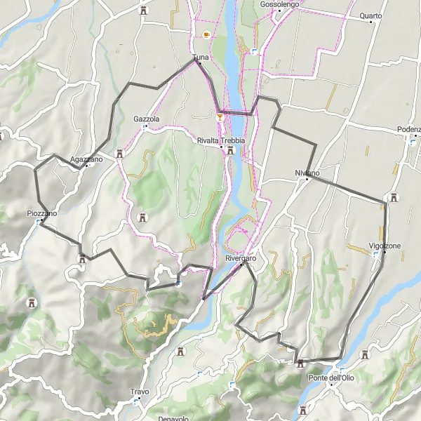 Miniatua del mapa de inspiración ciclista "Ruta de ciclismo de carretera a través de Rivergaro y Monte Bissago" en Emilia-Romagna, Italy. Generado por Tarmacs.app planificador de rutas ciclistas