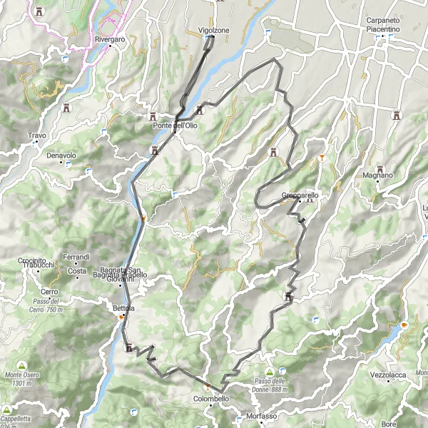 Miniature de la carte de l'inspiration cycliste "Parcours Road près de Vigolzone" dans la Emilia-Romagna, Italy. Générée par le planificateur d'itinéraire cycliste Tarmacs.app