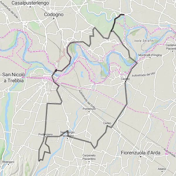 Miniature de la carte de l'inspiration cycliste "Parcours Road à couper le souffle depuis Vigolzone" dans la Emilia-Romagna, Italy. Générée par le planificateur d'itinéraire cycliste Tarmacs.app