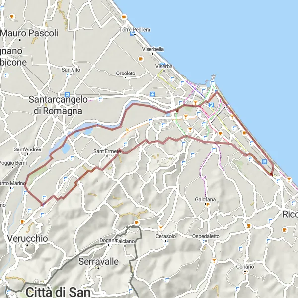 Zemljevid v pomanjšavi "Kolesarska pot preko grozda Mutonia" kolesarske inspiracije v Emilia-Romagna, Italy. Generirano z načrtovalcem kolesarskih poti Tarmacs.app