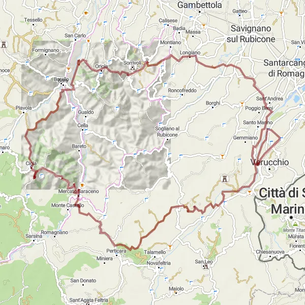 Miniaturní mapa "Gravelové dobrodružství kolem Monte Spelano" inspirace pro cyklisty v oblasti Emilia-Romagna, Italy. Vytvořeno pomocí plánovače tras Tarmacs.app