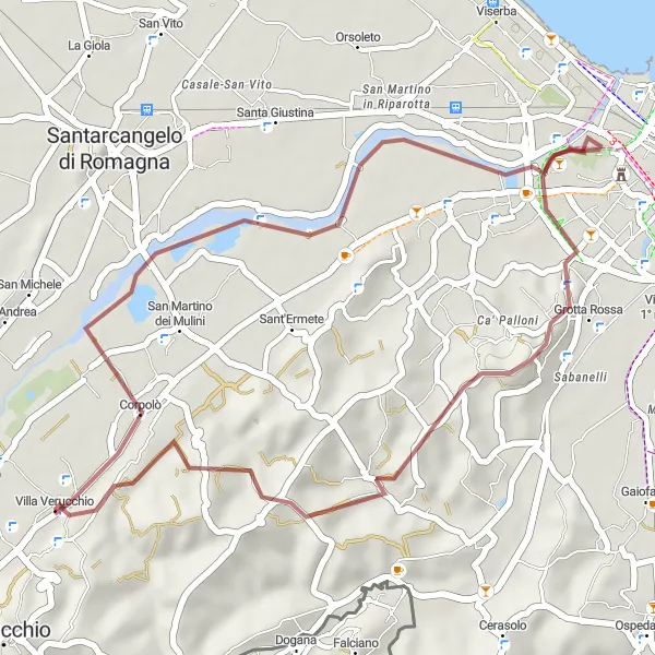 Miniatua del mapa de inspiración ciclista "Experiencia Gravel en Castel Sismondo" en Emilia-Romagna, Italy. Generado por Tarmacs.app planificador de rutas ciclistas