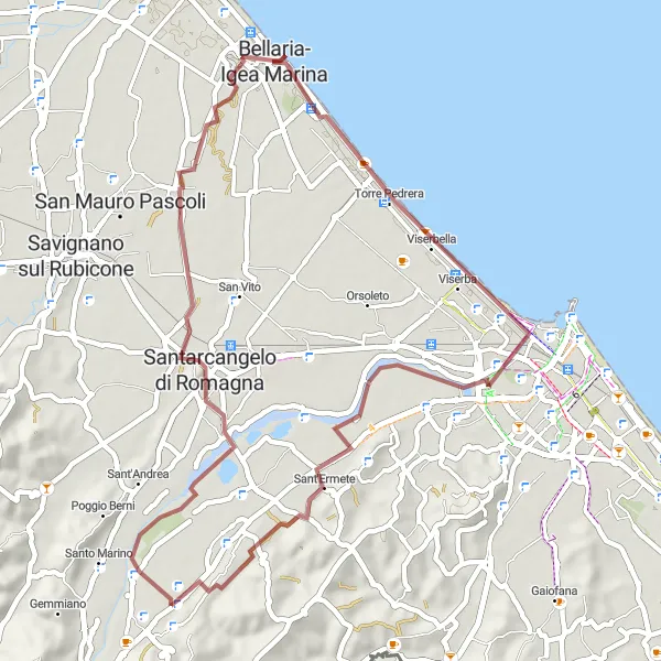 Miniatura della mappa di ispirazione al ciclismo "Avventura in bicicletta a Santarcangelo di Romagna e Viserbella" nella regione di Emilia-Romagna, Italy. Generata da Tarmacs.app, pianificatore di rotte ciclistiche