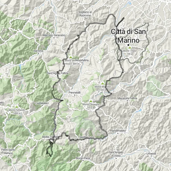 Zemljevid v pomanjšavi "Izzivna kolesarska pot po hribih in dolinah" kolesarske inspiracije v Emilia-Romagna, Italy. Generirano z načrtovalcem kolesarskih poti Tarmacs.app