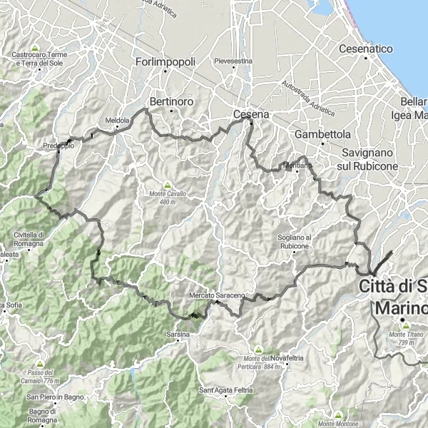 Miniatuurkaart van de fietsinspiratie "Road Avontuur naar Borgo Paglia" in Emilia-Romagna, Italy. Gemaakt door de Tarmacs.app fietsrouteplanner