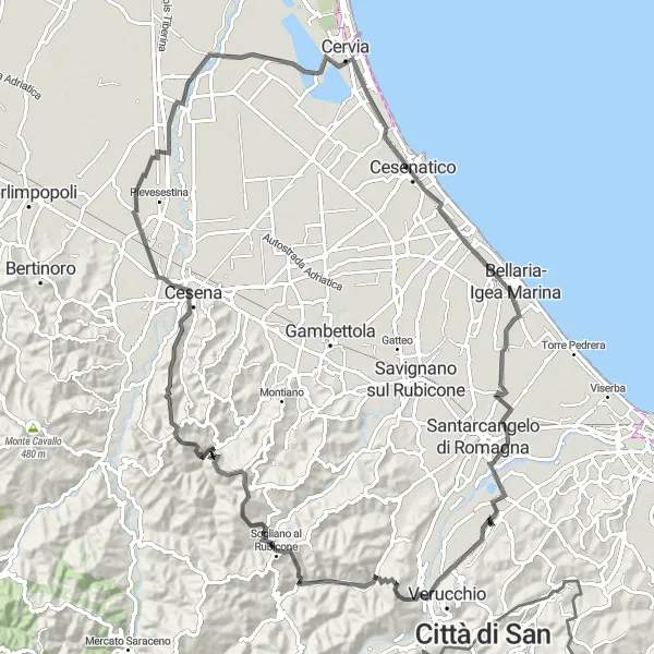 Kartminiatyr av "Kuperad landsvägstur" cykelinspiration i Emilia-Romagna, Italy. Genererad av Tarmacs.app cykelruttplanerare