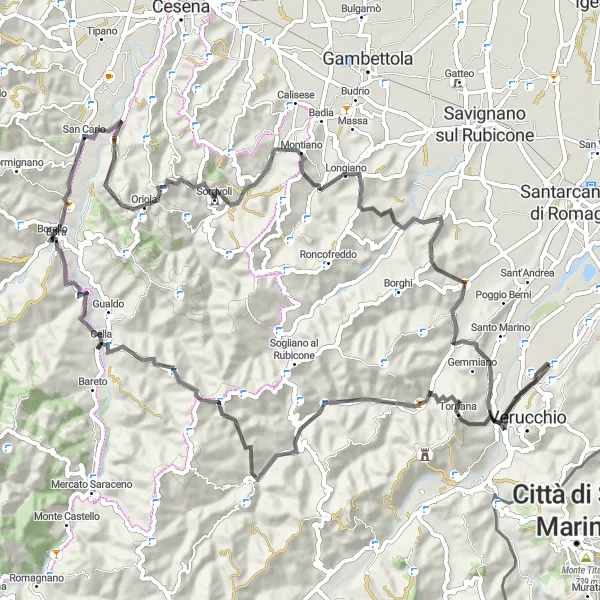 Miniatua del mapa de inspiración ciclista "Recorrido Escénico por los Montes de Villa Verucchio" en Emilia-Romagna, Italy. Generado por Tarmacs.app planificador de rutas ciclistas