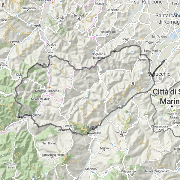 Map miniature of "The Hilltop Adventure" cycling inspiration in Emilia-Romagna, Italy. Generated by Tarmacs.app cycling route planner