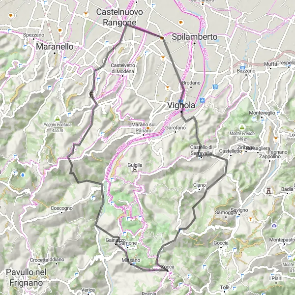 Miniatura della mappa di ispirazione al ciclismo "Giro in bicicletta da Zocca attraverso Monte della Riva e Vignola" nella regione di Emilia-Romagna, Italy. Generata da Tarmacs.app, pianificatore di rotte ciclistiche