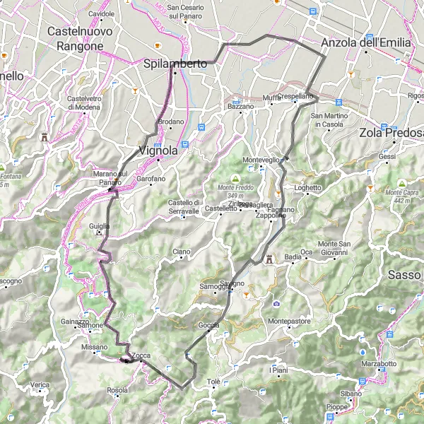 Mapa miniatúra "Cyklotúra okolo Zocca - Malatinskej skaly" cyklistická inšpirácia v Emilia-Romagna, Italy. Vygenerované cyklistickým plánovačom trás Tarmacs.app