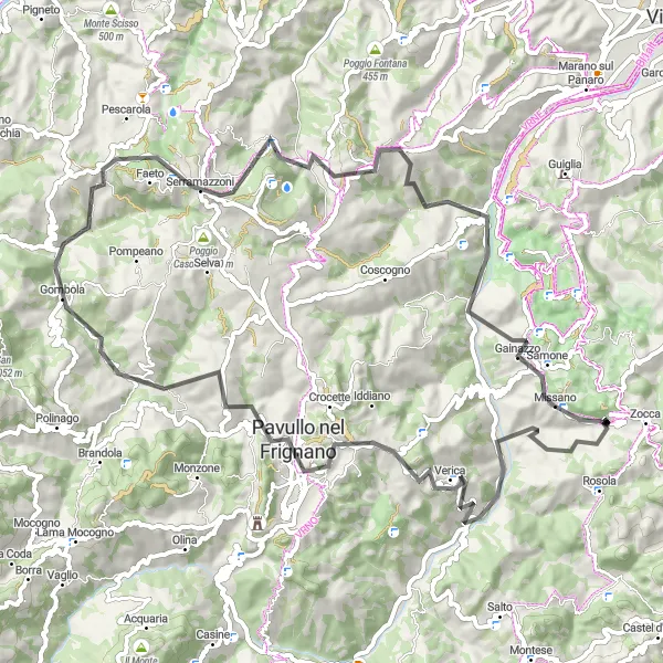 Kartminiatyr av "Utmanande cykeltur till Serramazzoni och Monte Pizzicano" cykelinspiration i Emilia-Romagna, Italy. Genererad av Tarmacs.app cykelruttplanerare