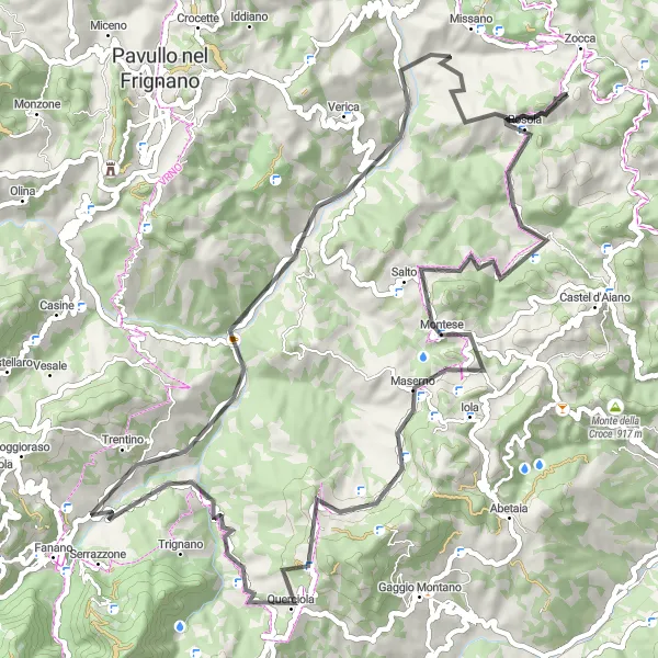 Miniature de la carte de l'inspiration cycliste "Exploration de Montese et ses environs" dans la Emilia-Romagna, Italy. Générée par le planificateur d'itinéraire cycliste Tarmacs.app