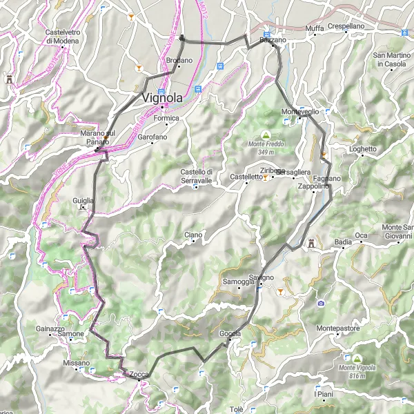 Miniaturní mapa "Okruh kolem Zocca" inspirace pro cyklisty v oblasti Emilia-Romagna, Italy. Vytvořeno pomocí plánovače tras Tarmacs.app