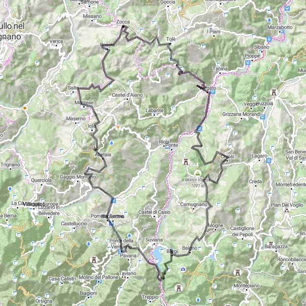 Kartminiatyr av "Monte San Giacomo Circuit" cykelinspiration i Emilia-Romagna, Italy. Genererad av Tarmacs.app cykelruttplanerare