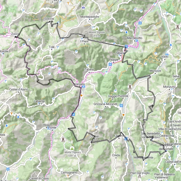 Map miniature of "The Glorious Peaks" cycling inspiration in Emilia-Romagna, Italy. Generated by Tarmacs.app cycling route planner