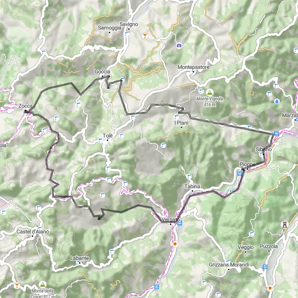 Karttaminiaatyyri "Zocca- Montetortore Loop" pyöräilyinspiraatiosta alueella Emilia-Romagna, Italy. Luotu Tarmacs.app pyöräilyreittisuunnittelijalla