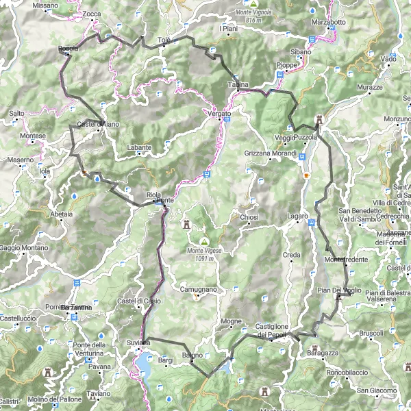 Miniatua del mapa de inspiración ciclista "Aventura en bicicleta desde Zocca a Monte Vecchio" en Emilia-Romagna, Italy. Generado por Tarmacs.app planificador de rutas ciclistas