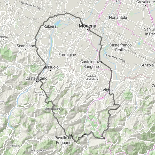 Miniatura della mappa di ispirazione al ciclismo "Giro in bici da Zocca a Vignola attraverso Monte Scisso e Modena" nella regione di Emilia-Romagna, Italy. Generata da Tarmacs.app, pianificatore di rotte ciclistiche