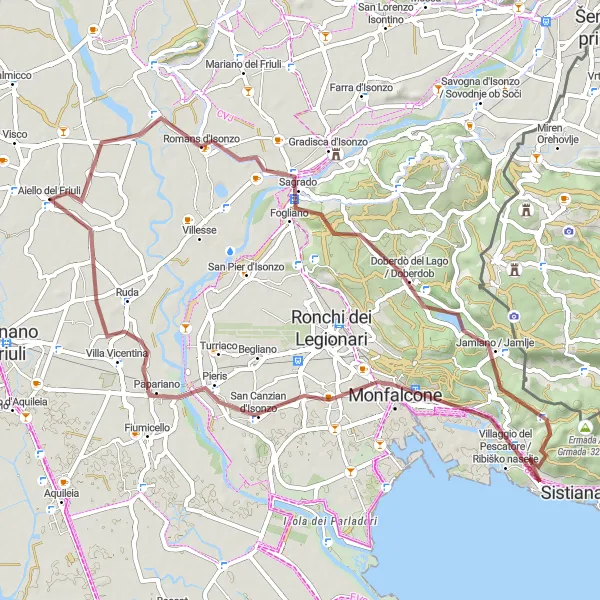 Zemljevid v pomanjšavi "Kolesarjenje po obali Jadranskega morja" kolesarske inspiracije v Friuli-Venezia Giulia, Italy. Generirano z načrtovalcem kolesarskih poti Tarmacs.app