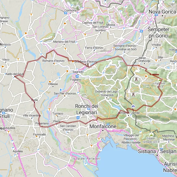 Miniatua del mapa de inspiración ciclista "Ruta de ciclismo de grava por Aiello del Friuli" en Friuli-Venezia Giulia, Italy. Generado por Tarmacs.app planificador de rutas ciclistas