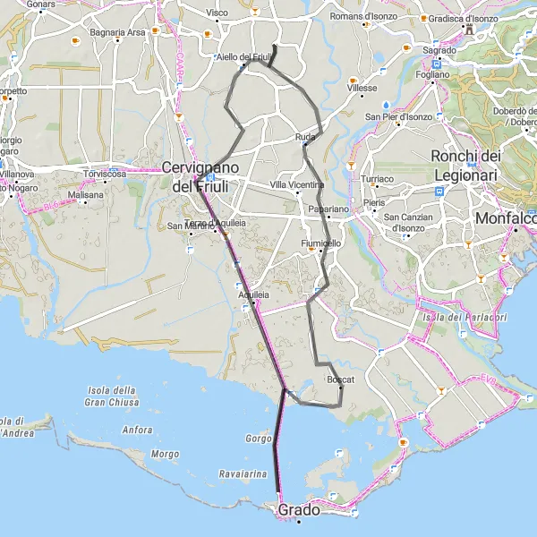 Miniatura della mappa di ispirazione al ciclismo "Giro in bicicletta tra Fiumicello e Aiello del Friuli" nella regione di Friuli-Venezia Giulia, Italy. Generata da Tarmacs.app, pianificatore di rotte ciclistiche