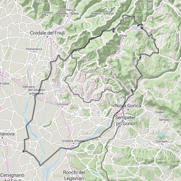 Mapa miniatúra "Náročný okruh cez Sveta gora a Monte di Mezzo" cyklistická inšpirácia v Friuli-Venezia Giulia, Italy. Vygenerované cyklistickým plánovačom trás Tarmacs.app