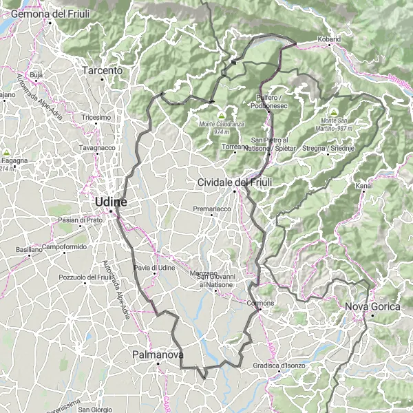Miniatua del mapa de inspiración ciclista "Ruta de ciclismo de carretera por Aiello del Friuli" en Friuli-Venezia Giulia, Italy. Generado por Tarmacs.app planificador de rutas ciclistas