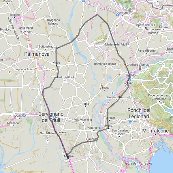 Miniatura della mappa di ispirazione al ciclismo "Avventura su Strada tra Cervignano del Friuli e Fiumicello" nella regione di Friuli-Venezia Giulia, Italy. Generata da Tarmacs.app, pianificatore di rotte ciclistiche