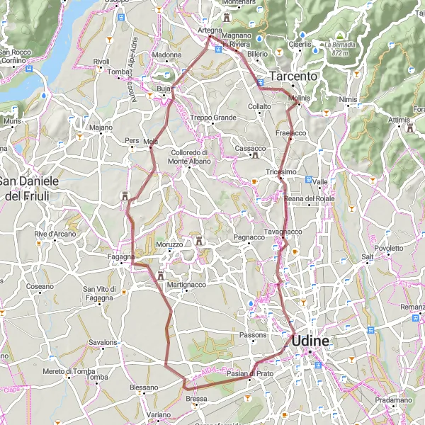 Map miniature of "Off-Road Adventure in Artegna" cycling inspiration in Friuli-Venezia Giulia, Italy. Generated by Tarmacs.app cycling route planner