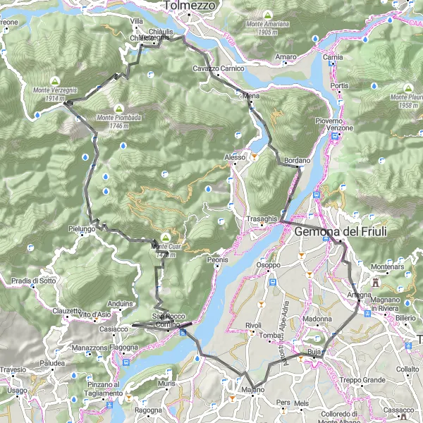 Map miniature of "The Mountain Challenge" cycling inspiration in Friuli-Venezia Giulia, Italy. Generated by Tarmacs.app cycling route planner