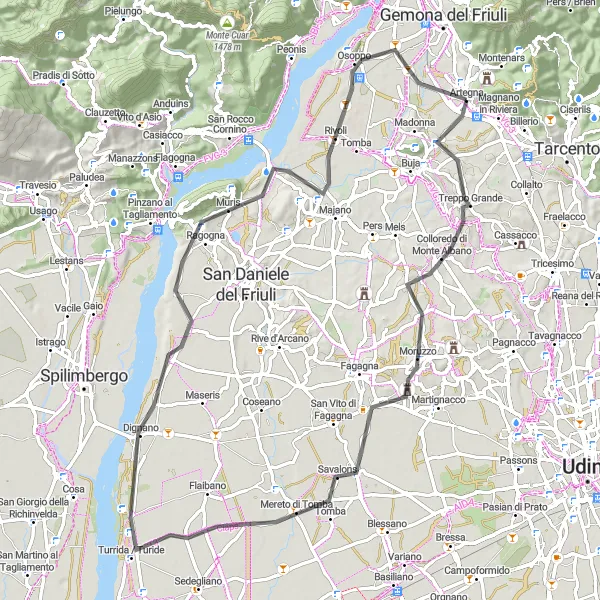 Map miniature of "Discover the Countryside of Artegna" cycling inspiration in Friuli-Venezia Giulia, Italy. Generated by Tarmacs.app cycling route planner