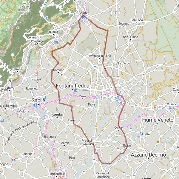 Miniaturní mapa "Gravelový okruh Roveredo in Piano - Aviano" inspirace pro cyklisty v oblasti Friuli-Venezia Giulia, Italy. Vytvořeno pomocí plánovače tras Tarmacs.app