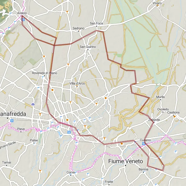 Miniatura della mappa di ispirazione al ciclismo "Esplorazione Gravel tra Aviano e Pordenone" nella regione di Friuli-Venezia Giulia, Italy. Generata da Tarmacs.app, pianificatore di rotte ciclistiche