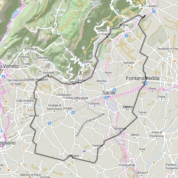 Kartminiatyr av "Runt Aviano till Sarmede" cykelinspiration i Friuli-Venezia Giulia, Italy. Genererad av Tarmacs.app cykelruttplanerare