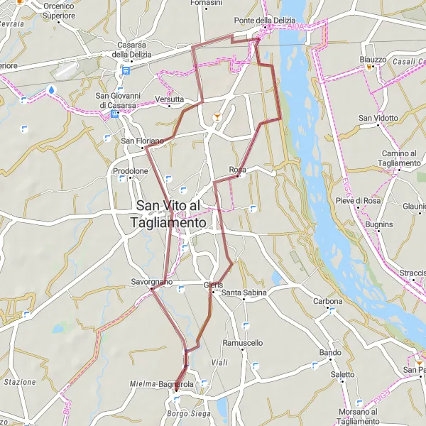 Miniaturní mapa "Gravelová cyklotrasa kolem Bagnaroly" inspirace pro cyklisty v oblasti Friuli-Venezia Giulia, Italy. Vytvořeno pomocí plánovače tras Tarmacs.app
