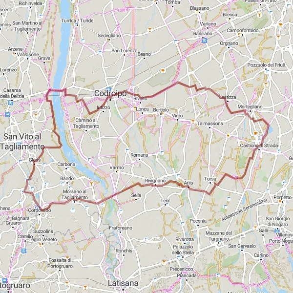 Mapa miniatúra "Cyklistická cesta po Tagliamento" cyklistická inšpirácia v Friuli-Venezia Giulia, Italy. Vygenerované cyklistickým plánovačom trás Tarmacs.app