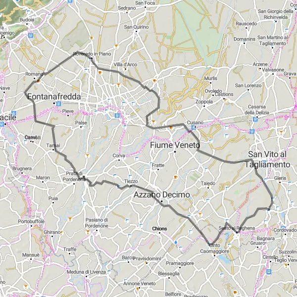 Mapa miniatúra "Okruh okolo Pordenone" cyklistická inšpirácia v Friuli-Venezia Giulia, Italy. Vygenerované cyklistickým plánovačom trás Tarmacs.app