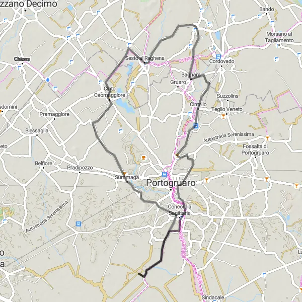 Miniatua del mapa de inspiración ciclista "Ruta por la campiña rodeando Bagnarola" en Friuli-Venezia Giulia, Italy. Generado por Tarmacs.app planificador de rutas ciclistas
