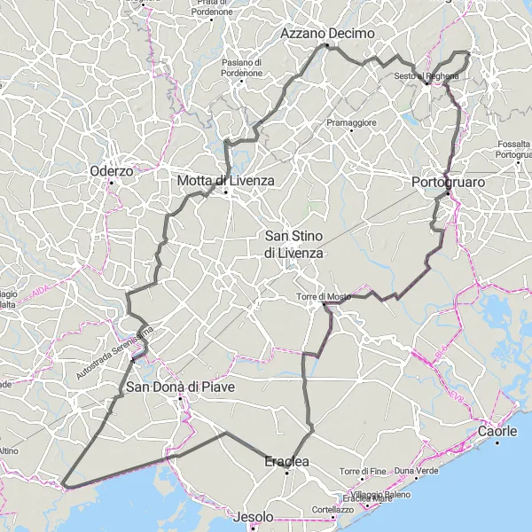 Mapa miniatúra "Cyklistická trasa okolo Portogruara" cyklistická inšpirácia v Friuli-Venezia Giulia, Italy. Vygenerované cyklistickým plánovačom trás Tarmacs.app