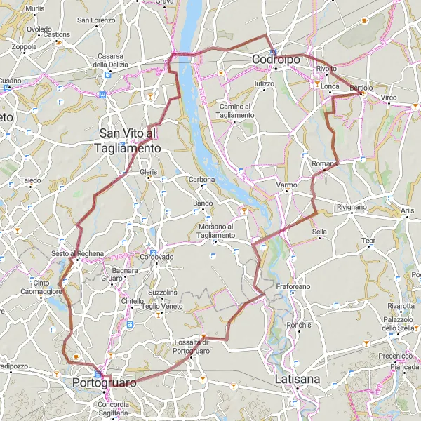 Mapa miniatúra "Gravelová okružná cyklotrasa z Bertiola" cyklistická inšpirácia v Friuli-Venezia Giulia, Italy. Vygenerované cyklistickým plánovačom trás Tarmacs.app