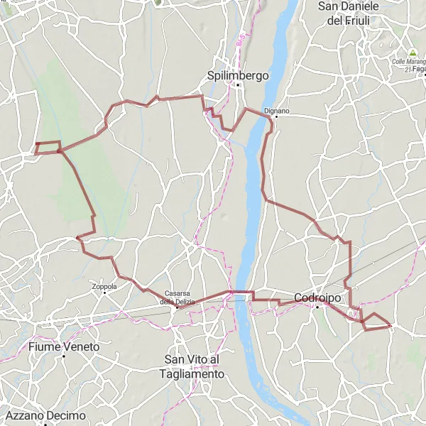 Kartminiatyr av "Äventyrlig cykling vid Tagliamento" cykelinspiration i Friuli-Venezia Giulia, Italy. Genererad av Tarmacs.app cykelruttplanerare