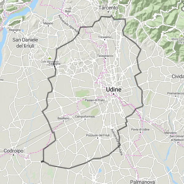 Miniaturní mapa "Výlet na kole Bertiolo - Mortegliano - Monte della Guardia" inspirace pro cyklisty v oblasti Friuli-Venezia Giulia, Italy. Vytvořeno pomocí plánovače tras Tarmacs.app