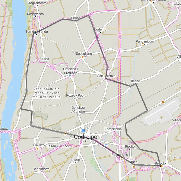 Miniaturní mapa "Okruh kolem Codroipa a Rivolta" inspirace pro cyklisty v oblasti Friuli-Venezia Giulia, Italy. Vytvořeno pomocí plánovače tras Tarmacs.app
