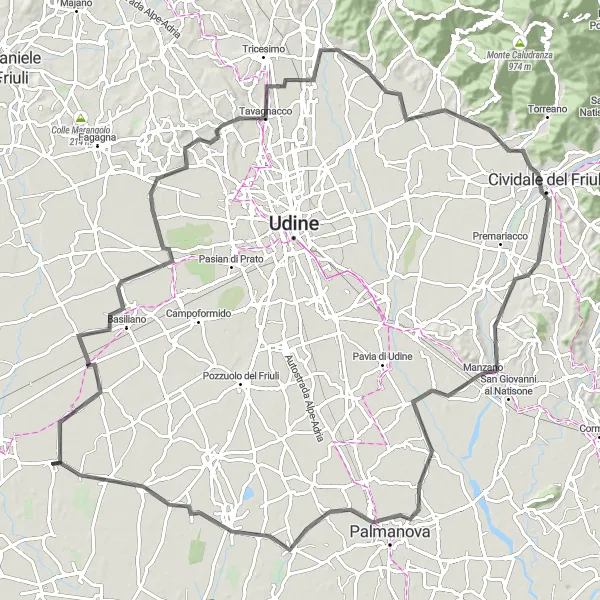 Miniatura della mappa di ispirazione al ciclismo "Road cycling tra Basiliano e Gonars" nella regione di Friuli-Venezia Giulia, Italy. Generata da Tarmacs.app, pianificatore di rotte ciclistiche