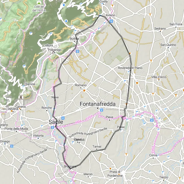 Miniaturní mapa "Okružní cesta přes Sacile a Budoia" inspirace pro cyklisty v oblasti Friuli-Venezia Giulia, Italy. Vytvořeno pomocí plánovače tras Tarmacs.app