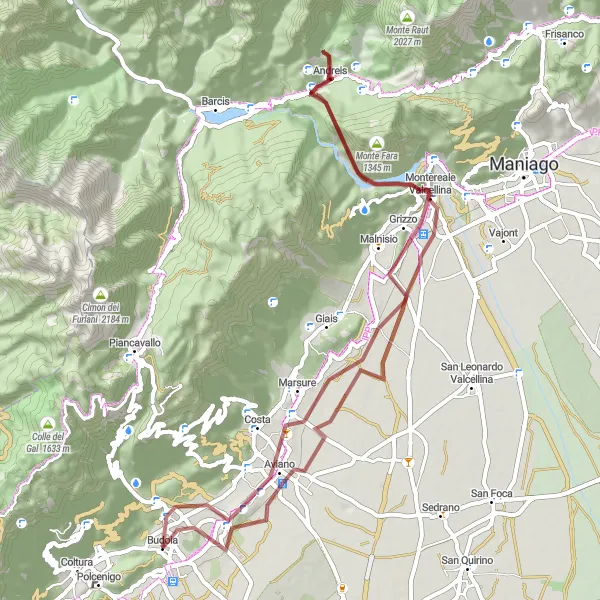 Miniaturní mapa "Zážitková cyklotrasa z Budoia" inspirace pro cyklisty v oblasti Friuli-Venezia Giulia, Italy. Vytvořeno pomocí plánovače tras Tarmacs.app