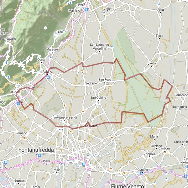 Map miniature of "The Pleasant Gravel Ride to Belvedere di Castello di Aviano" cycling inspiration in Friuli-Venezia Giulia, Italy. Generated by Tarmacs.app cycling route planner
