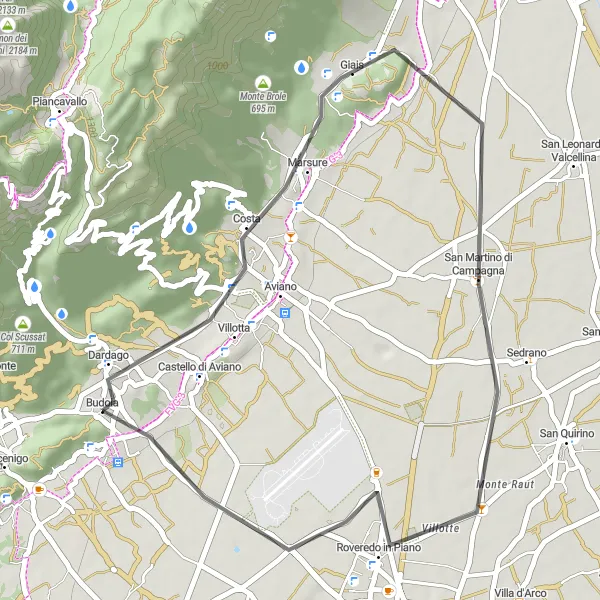 Mapa miniatúra "Road Na vrchol" cyklistická inšpirácia v Friuli-Venezia Giulia, Italy. Vygenerované cyklistickým plánovačom trás Tarmacs.app