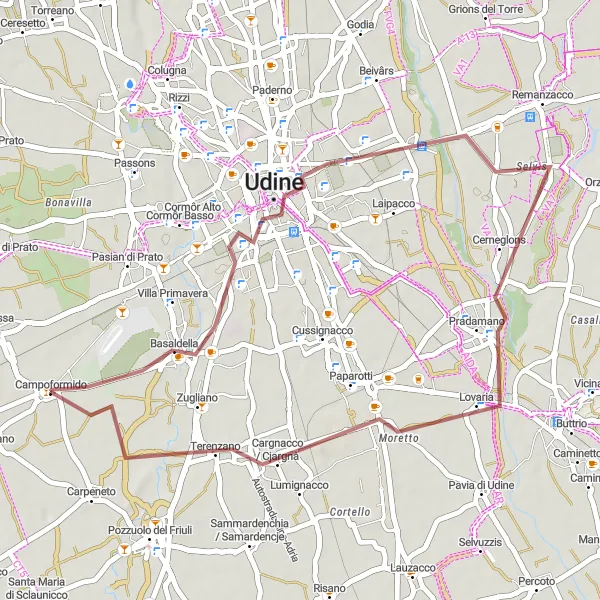 Mapa miniatúra "Trasa cez Campoformido, Udine, Pradamano, Cargnacco / Cjargnà" cyklistická inšpirácia v Friuli-Venezia Giulia, Italy. Vygenerované cyklistickým plánovačom trás Tarmacs.app